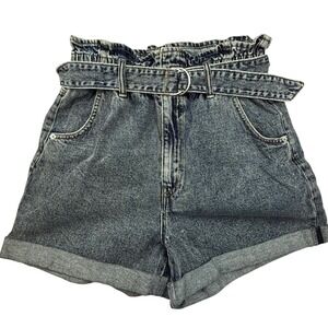 HM Paperbag Waist Denim Shorts Medium Wash Blue‎ Belted High Rise Retro Womens 6
